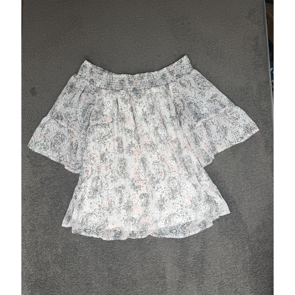 Torrid Plus Size 1 Grey Pink Paisley Smocked Off Shoulder Flutter Sleeve Blouse
